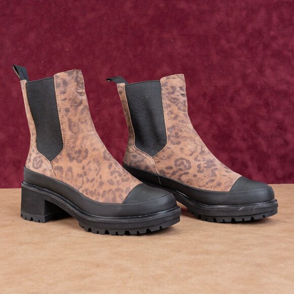 Timberland Women Kori Leopard Print Leather Block Heel Ankle Chelsea Boots sz 8 - Picture 1 of 8